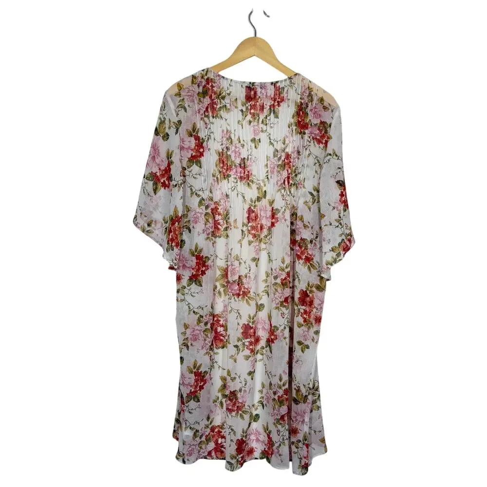 American Eagle Kimono Duster Womens L/XL White Floral Open Front Sheer Pleated - Picture 2 of 8